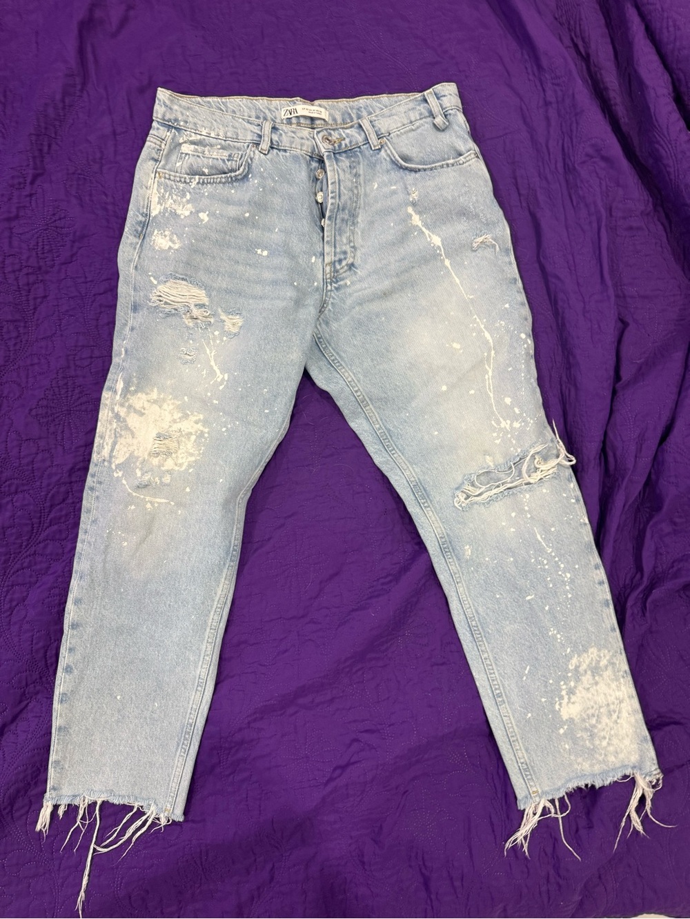 Zara Light Blue Paint-Splatter Slim Straight Jeans